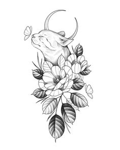 a black and white drawing of a bull with flowers on it's head, surrounded by butterflies