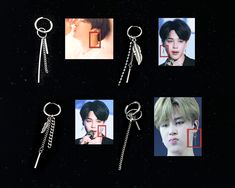 four keychains with pictures of the same person on one side and an arrow on the other