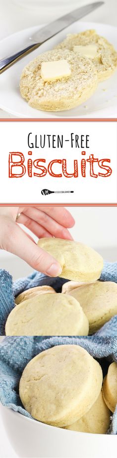 gluten - free biscuits in a white bowl on a blue towel