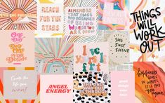 a collage of images with words and phrases on them in pink, orange, blue, yellow, and white