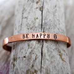 Be Happy Hand Stamped Cuff Bracelet - Inspirational Bracelet - Mantra Jewelry - Motivational Jewelry - Encouragement Jewelry by StampAndSoul on Etsy Encouragement Jewelry, Handstamped Jewelry, Hand Stamped Cuff Bracelet, Motivational Jewelry, Handstamped Bracelet, Stamped Spoons, Stamped Necklaces, Fundraiser Ideas, Inspirational Bracelets