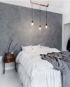 an instagramted photo of a bedroom with grey walls and white bed linens