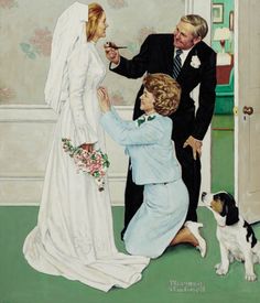 a painting of a bride and groom feeding their dog at the wedding ceremony, with a beagle nearby