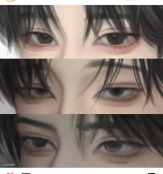 three different views of an anime character's eyes with long black hair and brown eyes