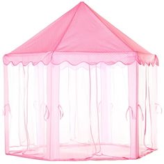 a pink play tent with sheer curtains and polka dots on the top, set against a white background