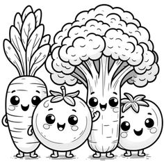 three vegetables with faces drawn in the style of cartoon characters, one is broccoli and