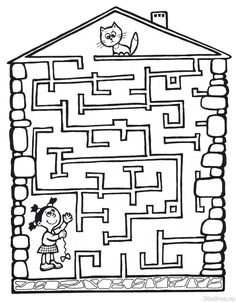 a house maze with a girl and cat in the door, on top of it