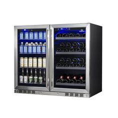 an open glass door refrigerator with drinks in it