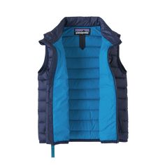 Our Baby Down Sweater Vest provides adaptable warmth that layers easily. The vest features lightweight  windproof and tear-resistant 1.6-oz 30-denier 100% recycled polyester mini-ripstop shell fabric with a 2.2-oz 100% polyester plain-weave lining  both with a DWR (durable water repellent) finish. Down is warmer  lighter and more compressible for its weight than other insulating fiber so  for core warmth  this vest is insulated with 700-fill-power Recycled Down (duck and goose down reclaimed fro Lightweight Nylon Sports Outerwear, Navy Nylon Outerwear For Outdoor, Blue Nylon Outerwear For Outdoor Activities, Lightweight Nylon Outerwear For Hiking, Patagonia Nylon Outerwear For Outdoor, Patagonia Nylon Outerwear For Outdoor Activities, Patagonia Functional Outerwear In Recycled Polyester, Patagonia Functional Recycled Polyester Outerwear, Casual Recycled Polyester Puffer Jacket For Hiking