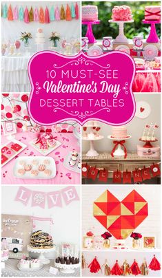 valentine's day dessert table with lots of pink and red decorations on the tables