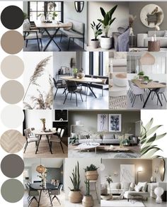 a collage of different living room and dining rooms in shades of grey, white, beige and neutral