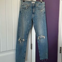 Nwot. Has Cute Pearl Embellishments! Pearls On Jeans, Embellished Jeans, Zara Jeans, Jeans Color, Colored Jeans, Embellishments, Blue White, Straight Leg, Women Jeans