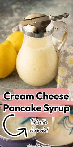 cream cheese pancake syrup recipe in a glass pitcher with lemons on the side