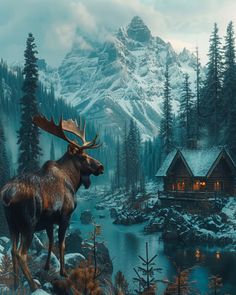 a moose is standing in front of a mountain lake with a cabin on the other side