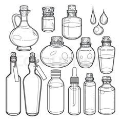 various bottles and jars with lids on white background stock photo - illustration, outline drawing