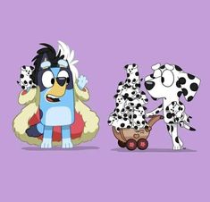 two cartoon characters with dalmatian dogs in front of them on a purple background