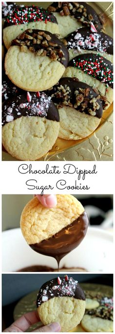 chocolate dipped sugar cookies with sprinkles and candy on top are shown in this collage