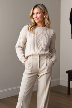 A cozy knit sweater paired with high-waisted trousers, in soft neutral tones, creating a laid-back business casual vibe. Image and ideas made by Get Outfitspired. #Outfit Outfit Ideas |  Women Outfits | Outfits For Woment | Bussines Casual Woman Outfit | Women Fashion | Women Outfit Inspo | Business Outfits  | Good Style Outfits For Women | Trendy Outfits For Teens | Casual Classy Outfits | Fashion Outfits | Outfits Casuales | Teen Fashion Outfits | Outfits For Teens | Cute Everyday Outfits | Fashion & Planning | Fashion Trends Good Style Outfits, Casual Woman Outfit, Women Trendy Outfits, Bussines Casual Woman, Casual Classy Outfits, Work Fits, Woman Outfit, Casual Outfits For Teens, Trendy Outfits For Teens