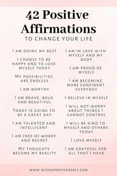 a pink poster with the words 22 positive affirmations to change your life