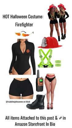 a woman in black outfit and red hat with text that reads hot halloween costume firefighter