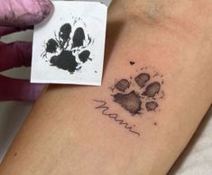 a person with a small tattoo on their arm and paw prints in the ink that reads love