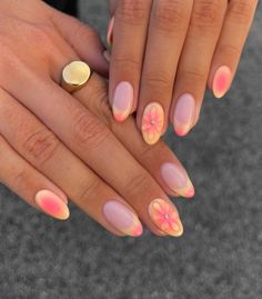 These nails feature a soft pink base with vibrant peachy-orange floral accents, capturing the essence of a summer sunset.  🌸Click on the image to shop our trending Korean Gel Polish this season.  🌸Credit: peachinails on Instagram 🌸Summer nails, simple summer nails, floral nail design, peach nails, pink nails, Korean gel polish, trending nail art, summer nail trends, gel manicure, flower nails, summer nail colors, Instagram nail art, summer nail inspiration. Paznokcie Hello Kitty, Kutek Disney, Unghie Sfumate, Girly Acrylic Nails, Makijaż Smokey Eye, Vacation Nails, Short Acrylic Nails Designs, Beach Nails