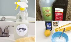 four different cleaning products are shown in three pictures one is lemon, the other is vinegar