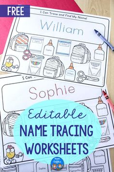 editable name tracking worksheets for children to practice their handwriting and writing skills