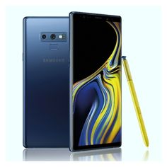 the new samsung note9 is shown in blue and yellow with a pen next to it