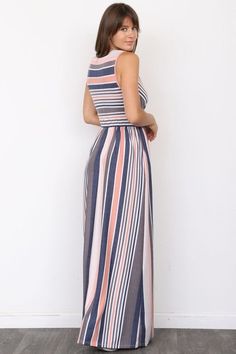 Surplice Vintage Stripe Maxi DressMade In: United StatesFabric Contents: 78% Polyester 18% Rayon 4% Spandex Navy Casual Maxi Dress, Fitted Navy Maxi Dress For Spring, Navy Fitted Maxi Dress For Spring, Navy Fitted Sleeveless Maxi Dress, Striped Stretch Maxi Dress, High Waist Maxi Dress, Rush Dresses, Denim Short Dresses, Bridal Shower Dress