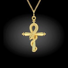 "P E N D A N T * D E T A I L S * Made in USA * Metal/purity: 14K or 18K solid gold * Finish: polished * Height: 1.5\" (38 mm) * Width: 1\" (26,7 mm) * Pendant weight (approx.): 5.5-6 grams in 14K * Bail: 8 mm (fits up to 4 mm chains) * Gender: unisex * This pendant is solid, not hollow in the back * Ships from California C H A I N * O P T I O N * Chain style & thickness: 1.5mm Cuban chain * Length available: 16\", 18\", 20\" * Chain weight (approx.): 2.8 - 3.5 g (varies between sizes) P R O Luxury Gold Ankh Jewelry, Spiritual Ankh Necklace In Yellow Gold, Gold Cross Necklace For Ceremonial Occasion, Elegant Ceremonial Cross Necklace, Gold Cross Amulet Necklace, Yellow Gold Ankh Necklace, Gold Ankh Necklace For Ceremonial Occasions, Symbolic Ankh Ceremonial Jewelry, Ceremonial Ankh Amulet Necklace