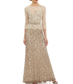 Tadashi Shoji Illusion Boat Neck 3/4 Sleeve Two Tone Floral Lace Scallop Hem Belted Gown | Dillard's Bride Dress Elegant, Formal Wedding Guest Dress, Mother Of Groom Dresses, Formal Dresses Gowns, Bateau Neck, Tadashi Shoji, Mother Of The Bride Dress, Embroidery Fabric, Groom Dress