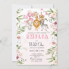 two zebras and flowers are on the front of this zoo birthday party invitations card