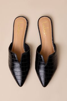 The Lulus Jaelyn Black Crocodile Embossed Pointed-Toe Slides will be your new wardrobe staple! These chic slides are composed of crocodile-embossed vegan leather and feature a pointed-toe upper and trendy notched detail at the vamp. Slide-on design. 0. 25" rubber heel. Cushioned insole. Nonskid rubber sole. All Man Made Material. Imported. Lulus | Jaelyn Black Crocodile Embossed Pointed-Toe Slides | Size 7.5 | Vegan Friendly. Trendy Flats, Flat Mules, Slides Shoes, The Vamps, Rubber Heels, New Wardrobe, Vegan Friendly, Emboss, Wardrobe Staples