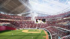 an artist's rendering of a baseball stadium filled with fans and players watching the game