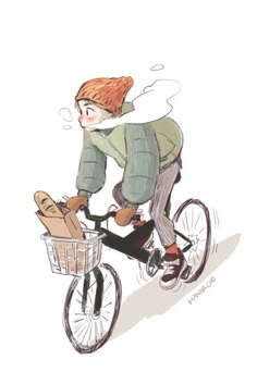 a drawing of a person riding a bike with a basket on the front and side