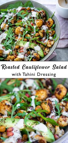 roasted cauliflower salad with tahini dressing in a bowl and on the side