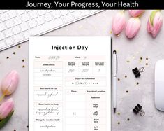 an injection day form next to flowers, keyboard and mouse on a desk