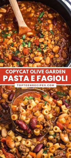 pasta fagioi in a pot with a wooden spoon and text overlay that reads copycat olive garden pasta fagioi