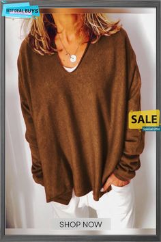 Red Long Sleeve Casual Shirts & Tops Brown V-neck Solid Color Top, Brown Solid Color V-neck Top, Fall V-neck Solid Color Tops, Solid V-neck Top For Fall, Winter V-neck Top, Plain V-neck Top For Fall, Oversized Brown Long Sleeve Top, Oversized Solid Color Top For Fall, Oversized Brown Winter Top