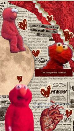 a red teddy bear sitting on top of a newspaper with hearts flying out of it