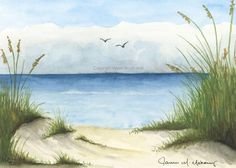 a watercolor painting of the ocean and sand dunes with seagulls flying overhead