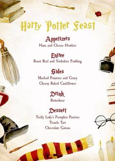 harry potter's hogwarts dinner menu is shown in the middle of this image