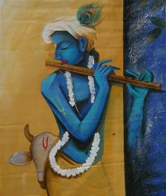 a painting of a blue man playing a flute with a cow standing next to him