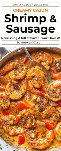 shrimp and sausage in a skillet with the title creamy cajun shrimp and sausage