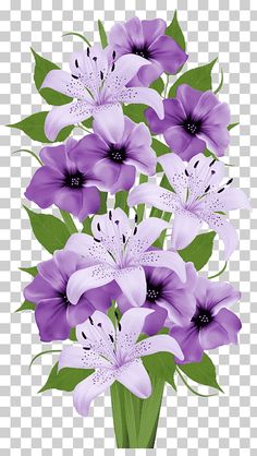 purple flowers with green leaves in a vase on a transparent background png clipart