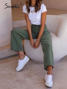 Simplee Cotton casual corduroy women long pants autumn winter Office button wide-legged trousers Fashion mid waist ladies bottom Winter Office, Trouser Style, Looks Chic, Spring Summer Outfits, Outfits Casuales, Work Casual, Long Pants, Cute Casual Outfits