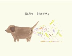 a dog is blowing out confetti on the birthday card that says happy birthday