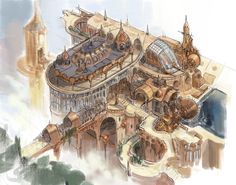 an artist's rendering of a castle in the sky with lots of buildings and towers