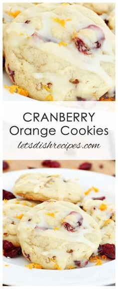 cranberry orange cookies on a white plate with the title in the middle and bottom